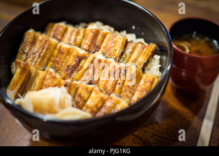 Le fameux congre bol à riz (anagomeshi, anago meshi, anago-meshi, anago don) de l'Ueno restaurant Anagomeshi de Miyajima-guchi, Japon. Banque D'Images