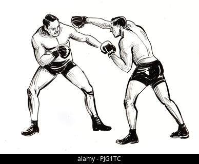 Deux athlètes de la boxe, de l'encre noir et blanc illustration Banque D'Images