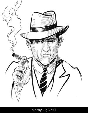 Mafia boss avec un cigare. Dessin noir et blanc Encre Banque D'Images