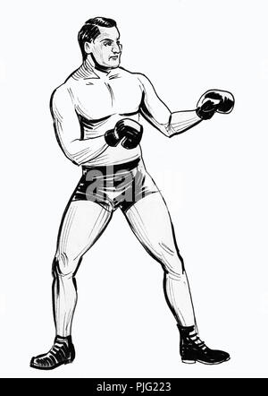 Homme de boxe. Illustration noir et blanc Encre Banque D'Images