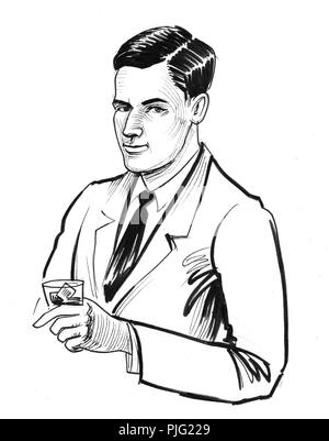 Homme avec un verre de whisky. Illustration noir et blanc Encre Banque D'Images