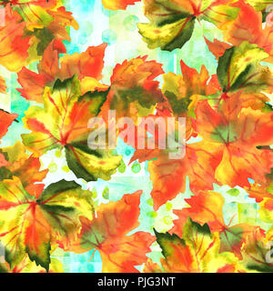 Un modèle uniforme de l'aquarelle automne feuilles de vigne sur un arrière-plan, un patchwork sarcelle automne répéter l'impression Banque D'Images