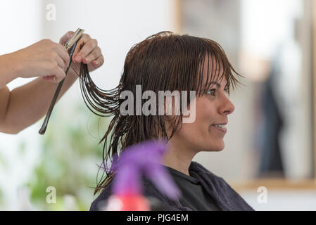 Coupe femme ses cheveux dans un salon de coiffure. Banque D'Images