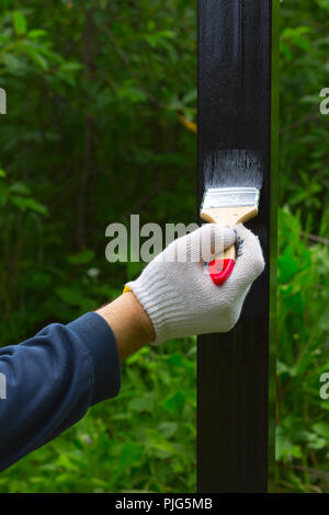 Hand in glove rag pinceau en acier peinture noire sur un fond de feuillage vert Banque D'Images