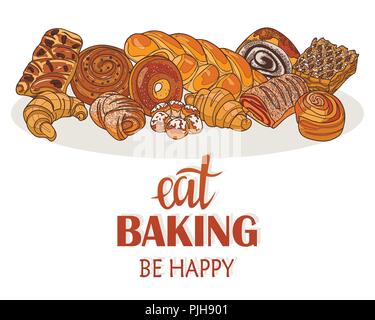 Décor pour un magasin ou un café avec des pâtisseries, pain, pâtisserie. Boulangerie, pain maison, illustration manuscrite avec lettrage. Pancarte, vector Illustration de Vecteur