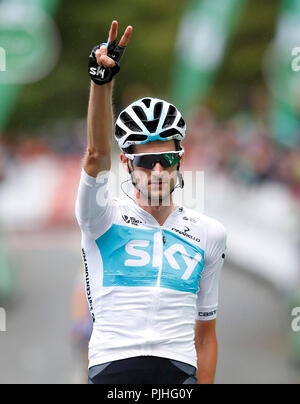 L'équipe Sky's Wout Poels célèbre remportant la scène, lors de l'étape 6 de l'Ovo Energy Tour of Britain 2018 de Barrow-in-Furness de Whinlatter Pass. Banque D'Images