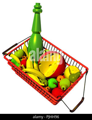 Panier du marché plein de fruits sur fond blanc, 3D. Banque D'Images