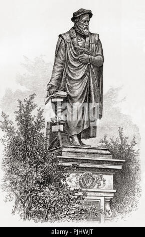 Statue de William Tyndale, Victoria Embankment Gardens, Londres, Angleterre au xixe siècle. William Tyndale, parfois orthographié Tynsdale, Tindall, Tindill, Tyndall ; c. 1494 - 1536. Anglais et traducteur de la bible. Photos de Londres, publié en 1890. Banque D'Images