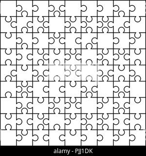 100 pièces puzzles blancs disposés dans un carré. Modèle Puzzle prêt à imprimer. Lignes directrices coupe isolated on white Illustration de Vecteur