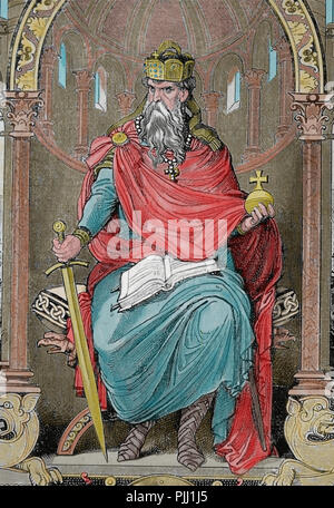 Charlemagne (742-814). Roi des Francs, des Lombards et empereur du Saint Empire Romain. L'Allemagne. Gravure de Germania, 1882. Banque D'Images