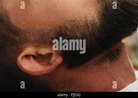 Un beau jeune homme barbu dans un salon de coiffure. La coiffure montre comment couper les cheveux. Banque D'Images