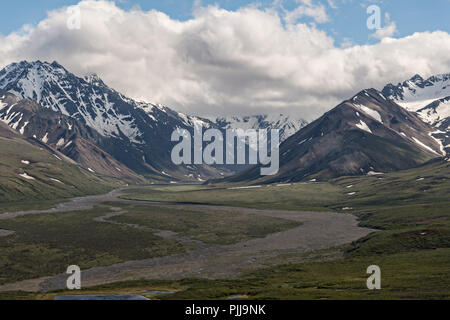 Vue de l'East Fork River à travers la toundra de l'Alaska avec les montagnes dans le parc national Denali en Alaska. Le Parc National Denali et préserver comprend 6 millions d'acres de nature sauvage de l'intérieur de l'Alaska. Banque D'Images