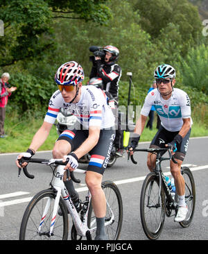 Furness, UK. 7 septembre 2018. UK National Champion Connor Swift, Madison genèse et l'équipe Sky Vasil KIRYIENKA dans la pause près de Keswick. Crédit : STEPHEN FLEMING/Alamy Live News Banque D'Images