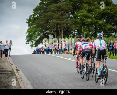 Furness, UK. 7 septembre 2018. Nest Brow, Keswick, Tony Martin, Team Katusha Alpecin, entraîne la rupture avec Connor Swift (111), Madison genèse dans l'UK champions nationaux dans le new jersey. 174 Vasil KIRYIENKA L'équipe Sky. Crédit : STEPHEN FLEMING/Alamy Live News Banque D'Images