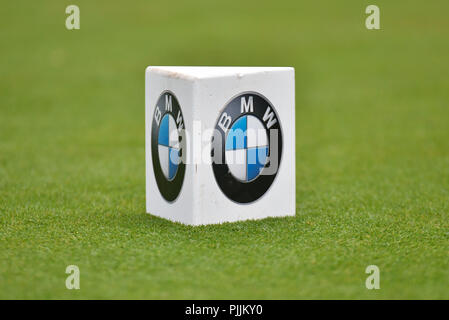 Newtown Square, Pennsylvanie, USA : Vendredi 7 Septembre 2018 : une boîte de pièce en t du marqueur à Aronimink BMW Championship Golf Course à Newtown Square, Pennsylvanie. Gregory Vasil/CSM Crédit : Cal Sport Media/Alamy Live News Banque D'Images