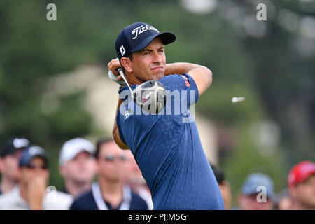 Newtown Square, Pennsylvanie, USA : Vendredi 7 Septembre 2018 : Adam Scott frappe son coup de départ au 11e trou au cours de la deuxième série de la BMW au Championnat de Golf Aronimink à Newtown Square, Pennsylvanie. Gregory Vasil/CSM Crédit : Cal Sport Media/Alamy Live News Banque D'Images