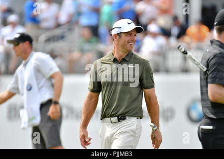 Newtown Square, Pennsylvanie, USA : Vendredi 7 Septembre 2018 : Paul Casey sourires sur le 16ème green au cours de la deuxième série de la BMW au Championnat de Golf Aronimink à Newtown Square, Pennsylvanie. Gregory Vasil/CSM Crédit : Cal Sport Media/Alamy Live News Banque D'Images