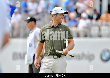 Newtown Square, Pennsylvanie, USA : Vendredi 7 Septembre 2018 : Paul Casey sourires sur le 16ème green au cours de la deuxième série de la BMW au Championnat de Golf Aronimink à Newtown Square, Pennsylvanie. Gregory Vasil/CSM Crédit : Cal Sport Media/Alamy Live News Banque D'Images