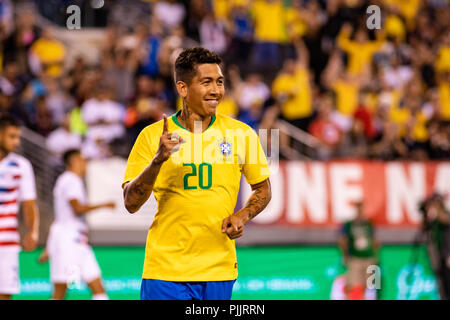 East Rutherford, NJ, USA. 7e Septembre, 2018. Roberto Firmino (20) célèbre après avoir marqué le premier but aux etats unis contre le Brésil soccer amical. © Ben Nichols/Alamy Live News Banque D'Images