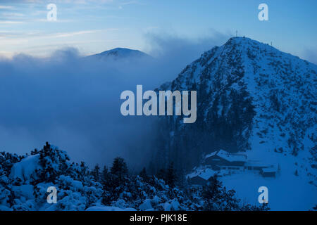 Vue depuis l'Fahrenberg sur l'Martinskopf en hiver au crépuscule, à Walchensee, Alpes bavaroises, Upper Bavaria, Bavaria, Germany Banque D'Images