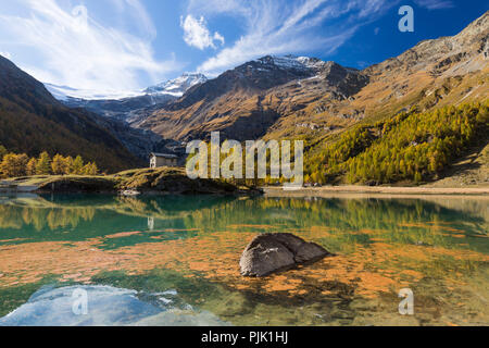 Le soleil de l'après-midi baigne la zone autour du réservoir Lago Palü sur l'Alp Grüm près de Poschiavo dans une lumière d'automne, dans le canton de Grisons, Suisse, Banque D'Images