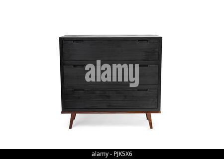 Un contemporain de commode pour le bois brûlé superficiellement (shou-sugi-technique d'interdiction), photographié en studio sur un mur blanc. Banque D'Images
