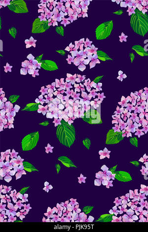 Rose fleurs Hortensia jardin modèle homogène. Illustration botanique dans un style dessiné à la main. Fleurs lilas isolés. Vector floral design pour les cosmétiques Banque D'Images