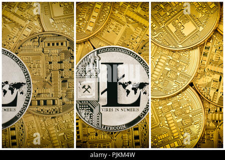 Image symbolique de la monnaie numérique, pièce d'argent litecoin parmi des pièces physiques d'or Banque D'Images