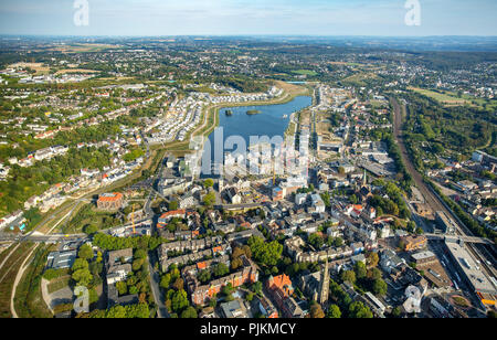 Vue aérienne du lac Phoenix, Dortmund, l'Emscher, ancienne aciérie site, changement structurel, Dortmund, Ruhr, Rhénanie du Nord-Westphalie, Allemagne Banque D'Images