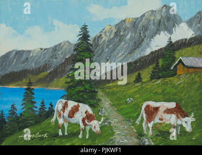 Peinture à l'huile d'un paysage de montagne avec lac et deux vaches au premier plan Banque D'Images
