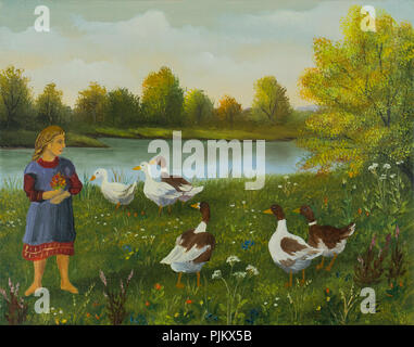 Peinture à l'huile - une fille observe les canards et oies dans le pré au bord du lac. Banque D'Images