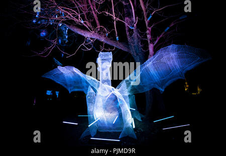 Le 'Il etait Une fois' installation à partir de Cedric à l'intérieur de la Verdure de Jardins du Beffroi à Mons, au cours de la soirée d'ouverture de Mons 2015, habitant Européen Banque D'Images