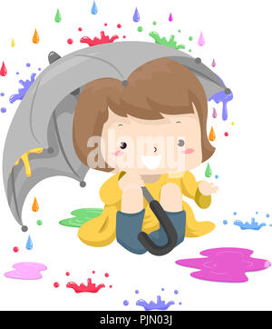 Illustration d'un Kid Girl holding an umbrella regardant gouttes colorées Banque D'Images