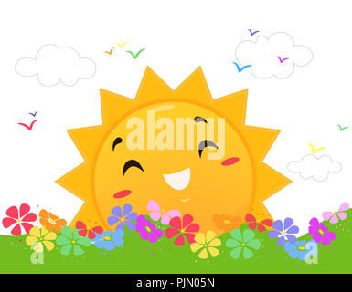 Illustration d'une mascotte de soleil qui brille joyeusement entre les fleurs et les oiseaux de couleur arc-en-ciel Banque D'Images