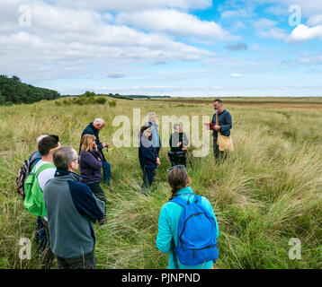 John Muir Country Park, Dunbar, East Lothian, Scotland, UK, 8 septembre 2018. Un petit groupe de personnes profitez d'une promenade et de parler par David Connelly de l'East Lothian Service Archéologie du Conseil l'examen de la preuve de la Seconde Guerre mondiale, East Lothian défensive des emplacements pendant l'archéologie et l'histoire locale qui prend 15 jours a lieu en septembre chaque année, et fait partie de l'Écossais annuel mois de l'archéologie. Montrant la preuve d'envahi par la vie des tranchées de la Première Guerre mondiale dans la dune banque Banque D'Images