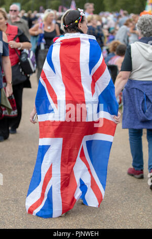 Londres, Royaume-Uni. Sep 8, 2018. Une jeune fille drapée dans l'Union jack flag à Proms in the Park, en Angleterre. Crédit : Jason Richardson/Alamy Live News, en Angleterre. Crédit : Jason Richardson/Alamy Live News Banque D'Images