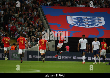 Londres, Royaume-Uni. 8e Septembre, 2018. Rodrigo d'Espagne © célèbre après qu'il marque son 2e but.Les équipes des Nations Unies, de l'UEFA ligue un groupe 4 match, l'Angleterre v l'Espagne au stade de Wembley à Londres le samedi 8 septembre 2018. Veuillez noter les images sont pour un usage éditorial uniquement. Photos par Andrew Verger/Alamy live news Banque D'Images