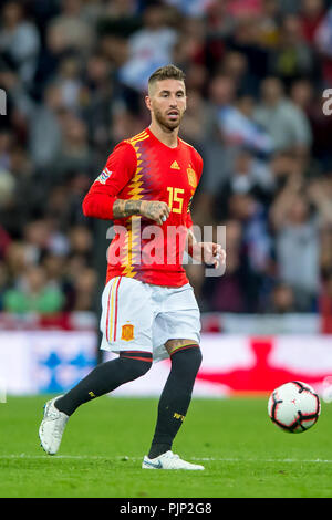 Sergio Ramos, de l'Espagne au cours de l'UEFA Ligue Nation, Groupe 4 de la Ligue, un match entre l'Angleterre et l'Espagne au stade de Wembley, Londres, Angleterre le 8 septembre 2018. Sep 8, 2018. Photo par Salvio Calabrese : Crédit7 AFP/ZUMA/Alamy Fil Live News Banque D'Images