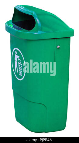 Poubelle verte isolée sur fond blanc, Close up. Banque D'Images