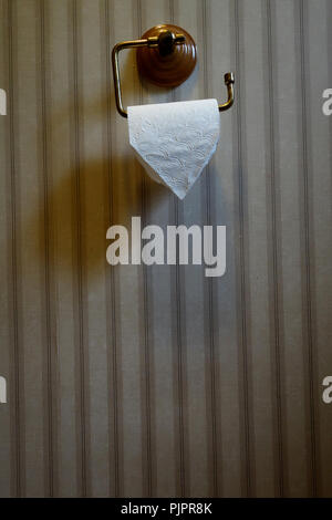 Papier pour wc sur mur avec rouleau partie pliées comme hôtel Banque D'Images