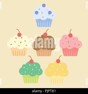 Cupcakes colorés ensemble avec différents topping isolé sur fond beige vector illustration. Illustration de Vecteur