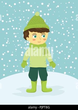 Cute boy porter du vert pull costume d'hiver qu'il neige en hiver permanent vector illustration Illustration de Vecteur