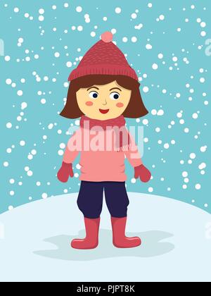 Cute girl porter hiver chandail rose costume permanent en hiver qu'il neige vector illustration Illustration de Vecteur