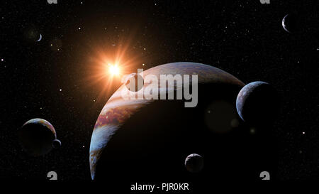 Planète Jupiter avec certains des 69 lunes connues allumé par le Soleil (l'espace 3d illustration, les éléments de cette image sont meublées par la NASA) Banque D'Images