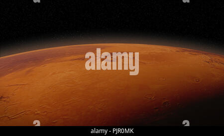 Planète rouge Mars en couleurs naturelles, près de la surface jusqu'à l'atmosphère visible Banque D'Images
