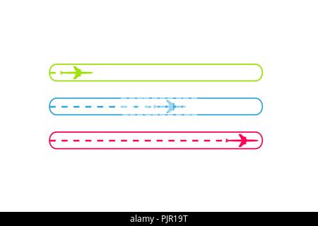 Cours barre de chargement avec avion est en pointillés. L'appartement de vol est noir. Le waypoint est pour un voyage touristique. Tracé sur un fond blanc. Vector illustration. Le tourisme. Les voyages. Illustration de Vecteur