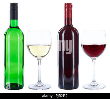 Lunettes de bouteilles de vin rouge blanc isolé sur fond blanc Banque D'Images