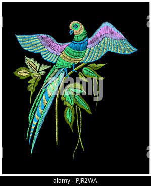 Motif de broderie avec perroquet et feuilles tropicales. Vector illustration faites à la main. T-shirt imprimé. Banque D'Images