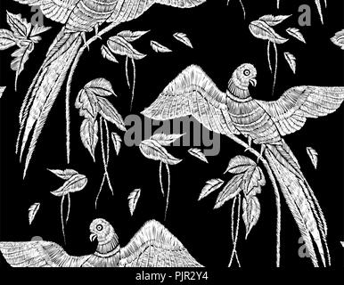 Les perroquets avec feuilles tropicales seamless background pattern. Vector illustration faites à la main. Motif de broderie. Banque D'Images