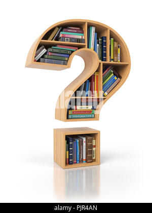 Recherche d'informations ou FAQ concept. Des étagères avec des livres et des manuels scolaires en forme de point d'interrogation, 3d illustration Banque D'Images